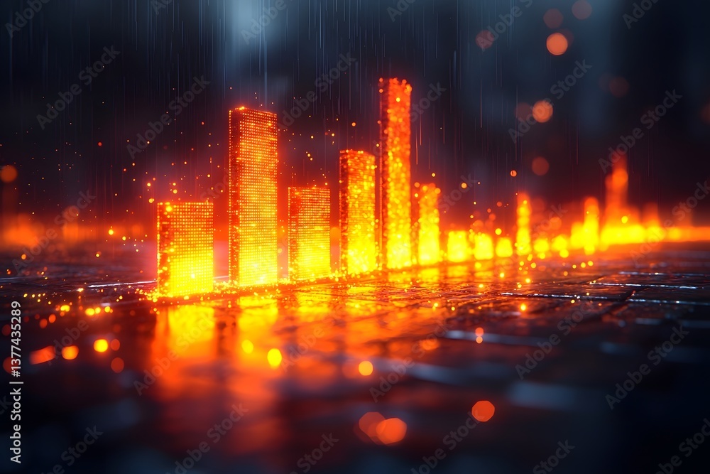 Poster glowing cityscape with dynamic data visualization