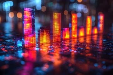 Dynamic cityscape of futuristic financial bar graphs