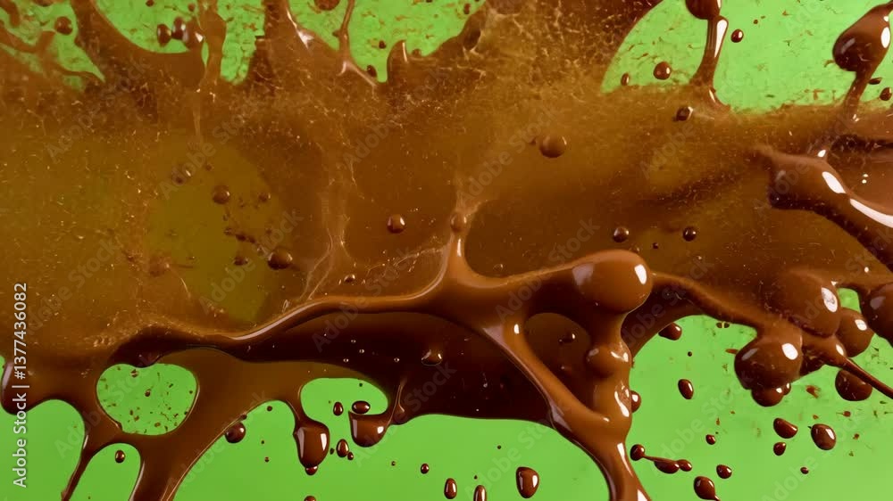 Poster chocolate splatter against a vibrant green background creates an energetic and dynamic visual displa