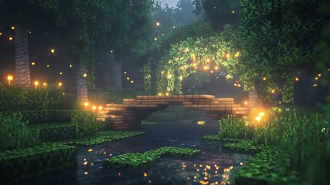 Enchanting Voxel Forest Bridge at Night