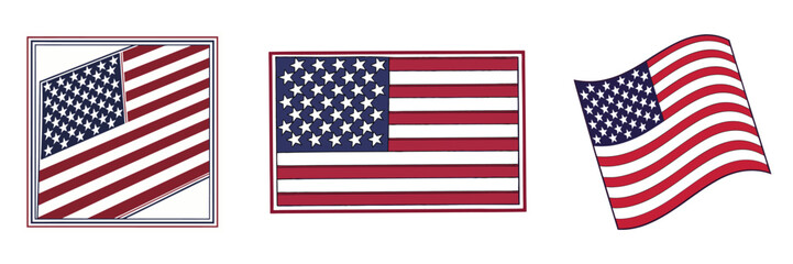 Obraz premium American Flag Icons Set USA National Symbol Patriotic Banner Waving Stars and Stripes Vector Illustration for Independence Day and Memorial Day