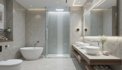 Modern Luxury Bathroom Interior Design With White Bathtub And Double Sinks