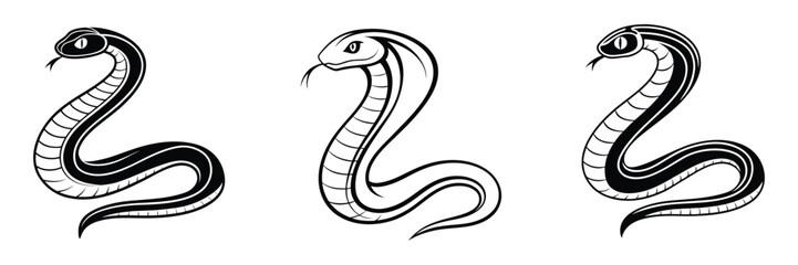 Fototapeta premium Cobra Snake Icons Set Black and White Serpent Silhouette Vector Illustration for Tattoo Design Mythology and Wildlife Art