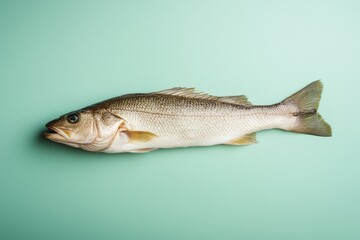 Fototapeta premium A whole raw fish is presented on a light teal surface