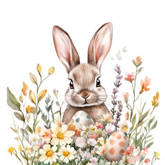 Watercolor Easter scene with a tiny rabbit peeking from behind flowers, isolated on white background