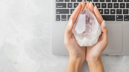 Healing Crystals: The hands cradling a large, translucent crystal, a blend of the ethereal and the technological. This image captures a moment of calm contemplation.