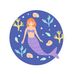 Illustrated mermaid surrounded by sea coral and shells.