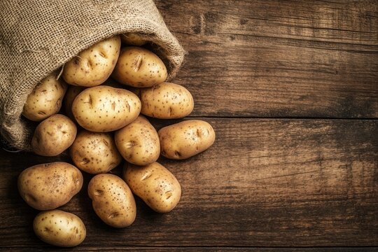 Fresh Potatoes spilling from burlap sack on rustic wooden table