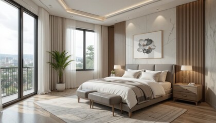 Fototapeta premium Modern Minimalist Bedroom Interior Design With City View