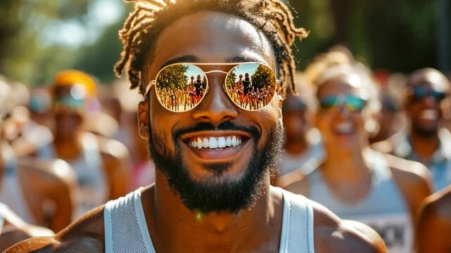 Cheerful runner in sunglasses smiles joyfully outdoors, capturing vibrant spirit of event with fellow participants.