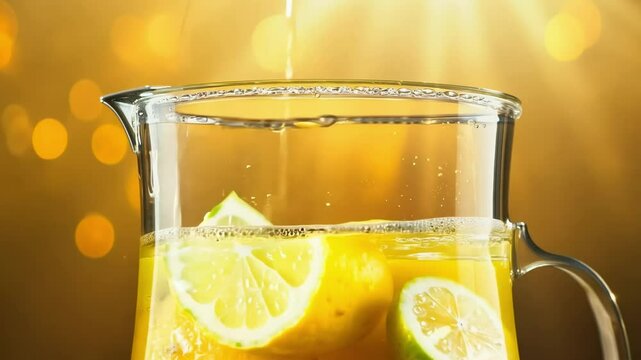 A glass pitcher is being filled with refreshing lemonade. Slices of lemon float in the liquid. Warm yellow tones, a vibrant, sunny atmosphere. Perfect for summer gatherings