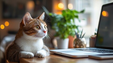 Adorable cat sitting on a desk surrounded by office supplies in a creative digital art illustration