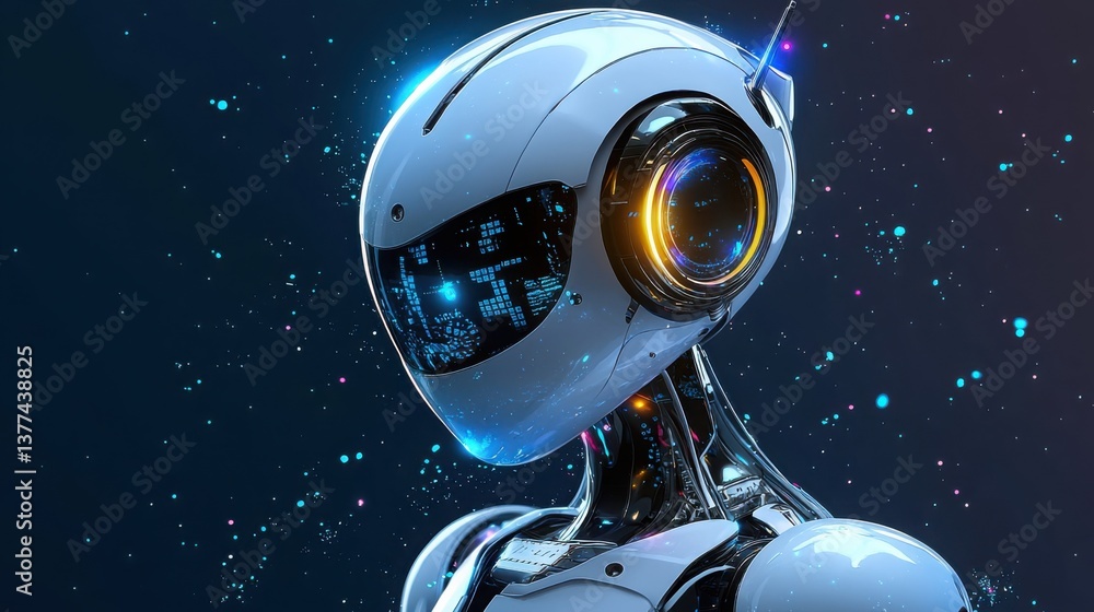 Poster striking robot with a glowing eye representing advanced technology in a chatbot customer support env
