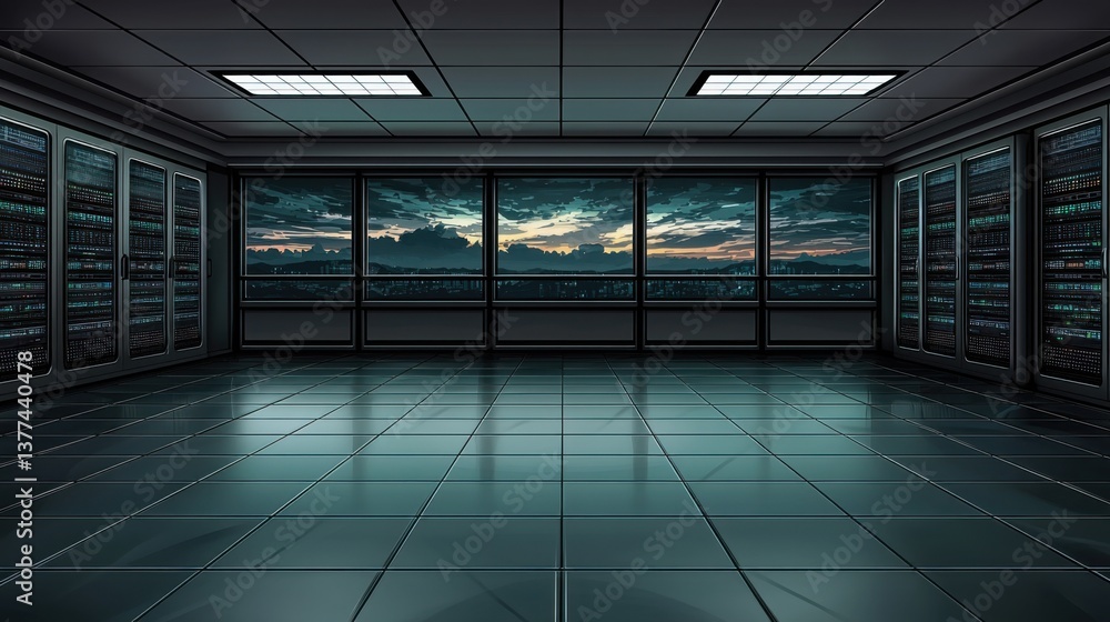 Poster modern server room with city view symbolizing innovative cloud computing data center and urban techn