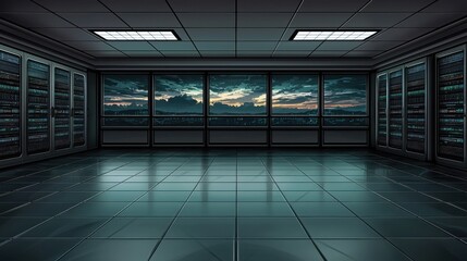 Modern server room with city view symbolizing innovative cloud computing data center and urban technological advancements