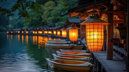 Obraz premium Lakeside cabins illuminated at dusk