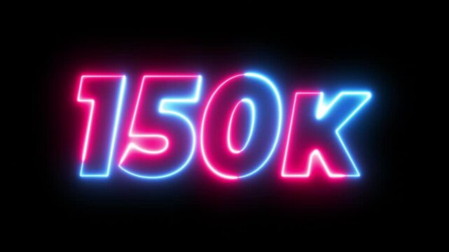150K text with neon line by multiple color neon animation on transparent background. 150k Followers Celebration text animation.