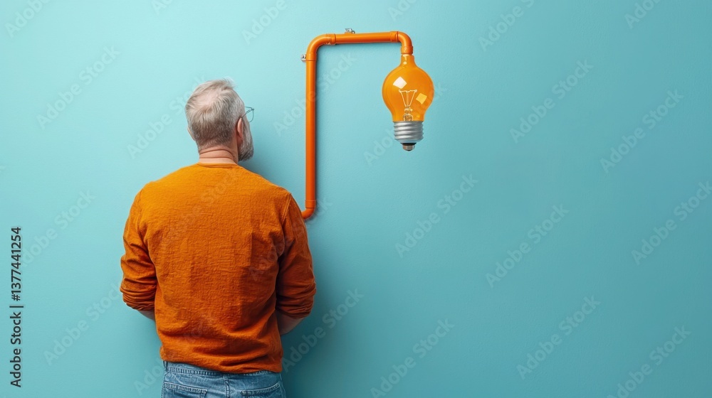 Poster man standing next to a bright light bulb representing the content creation pipeline for generating i