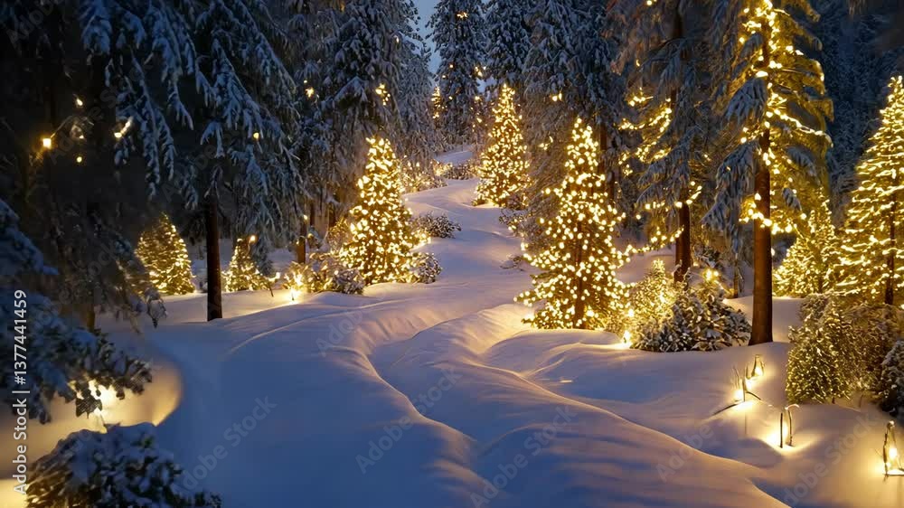 Poster winter wonderland with glowing trees and a snowy path in a serene forest at dusk