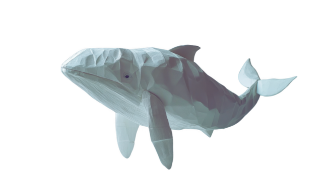 White whale floating in the air against a clear blue sky in a surreal and imaginative scene