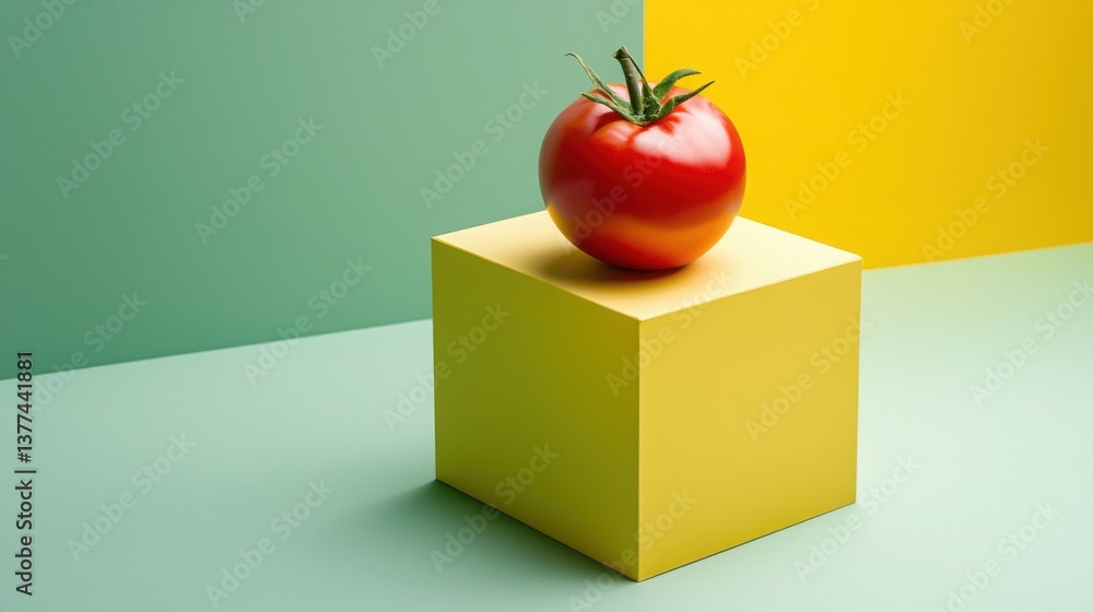 Poster fresh red tomato placed on a simple geometric cube creating a contrast of colors and shapes for culi