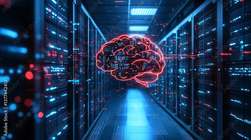Aufkleber circuit board pattern around brain with server room background, ai and networking technology, minima