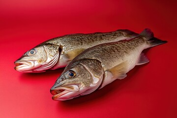 Naklejka premium Two fresh fishes lie displayed on a bright red surface