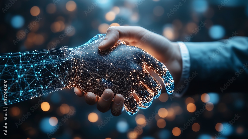 Poster man and robot handshake with digital hologram and ai brain, futuristic technology icons, minimalist 