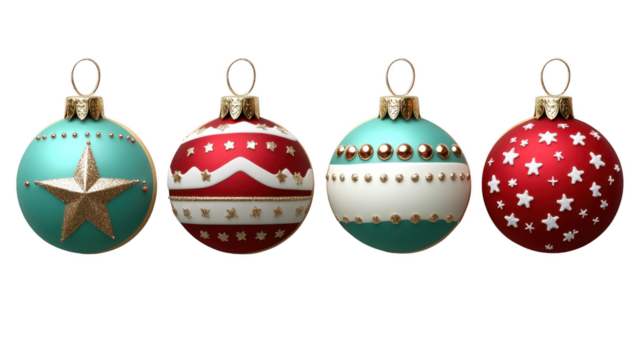 Colorful christmas ornaments arranged on a wooden surface for holiday decoration and festive celebrations