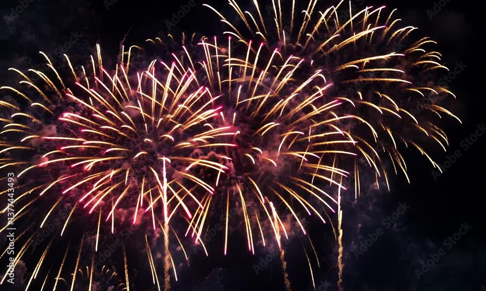 Poster a vibrant and stunning display of colorful fireworks exploding in the dark night sky.
