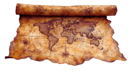 Ancient scroll featuring a detailed map with geographical markings and illustrations on aged parchment