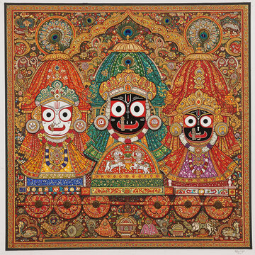Vivid Pattachitra Artwork Depicting the Holy Trinity of Jagannath, Balabhadra, and Subhadra