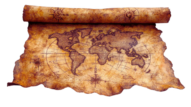 Ancient scroll featuring a detailed map with geographical markings and illustrations on aged parchment