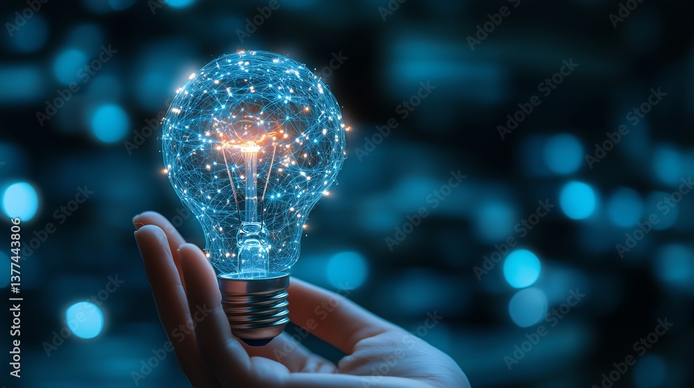 Poster ai and machine learning concept: hand holding light bulb with virtual digital brain representing sci