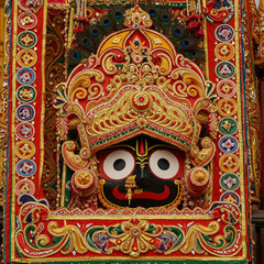 Obraz premium Detailed View of the Ornate Face and Decoration of Lord Jagannath Idol on Chariot