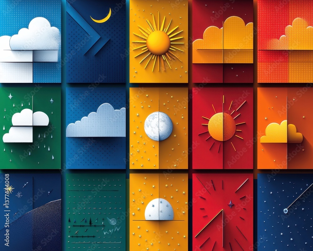 Poster a vibrant collection of paper art featuring an array of intricate shapes, including stars, hearts, a