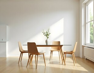 A dining room with a glass table and four chairs, the floor is made of wood , the wall is white , sunlight is coming through the window 