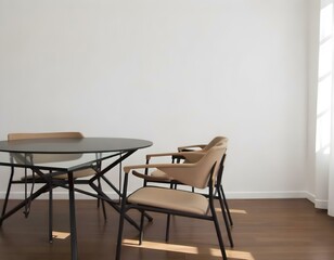 A dining room with a glass table and four chairs, the floor is made of wood , the wall is white , sunlight is coming through the window 