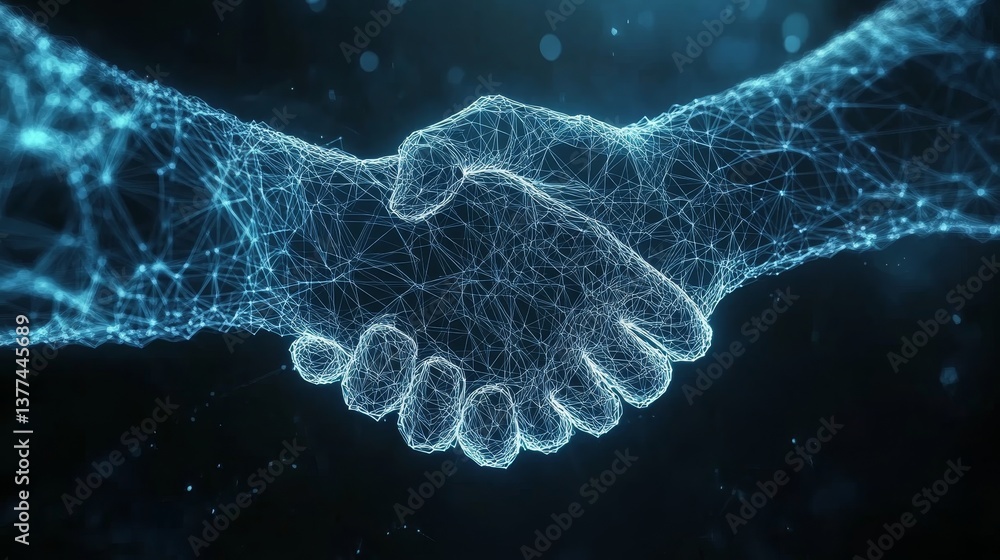 Poster digital handshake: futuristic wireframe connection and network concept