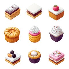 Variety of cakes displayed on a table including chocolate vanilla and fruit flavors with decorative elements
