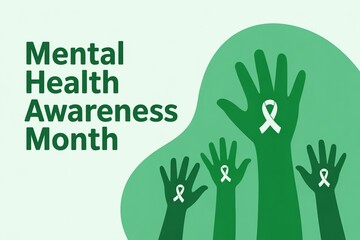 Illustrated green hands with ribbons symbolizing Mental Health Awareness Month.