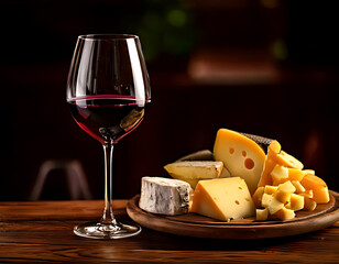 Naklejka premium Sipping red wine and tasting artisan cheeses cozy wine bar food photography intimate setting