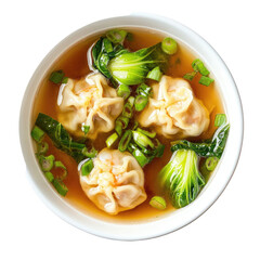 Chinese Shrimp Wontons in Clear Broth with Bok Choy on transparent background