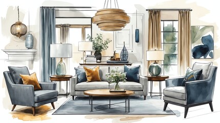 Watercolor Drawing of Stylish Living Room Interior with Sofa and Armchairs