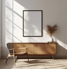 Modern minimalist living room interior with wooden cabinet and chair.  Empty frame on wall, natural light
