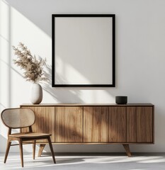 Modern minimalist living room featuring a wooden sideboard, cane chair, and framed art