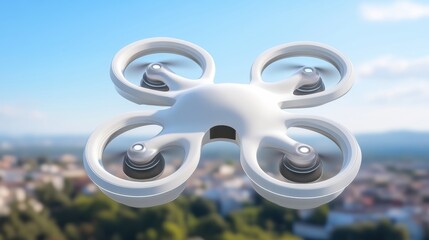 Naklejka premium White Quadcopter Drone Flying Over Cityscape Under Bright Sky