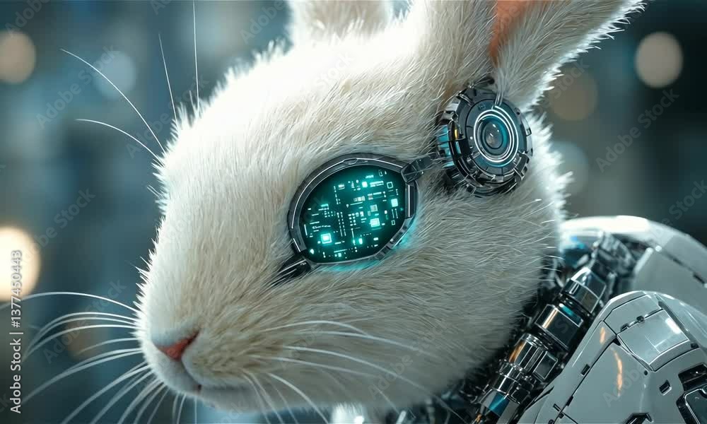 Poster a close-up image showcasing a cyberpunk rabbit augmented with cybernetic implants and tech.