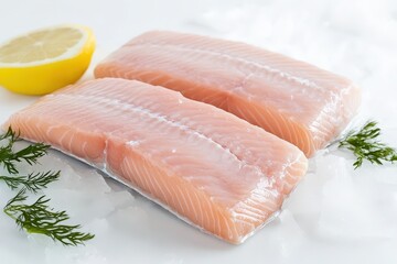 Fresh uncooked salmon fillets with lemon and green garnish