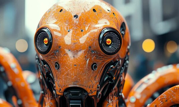 A detailed, close-up portrait of an orange and black robotic octopus creature.